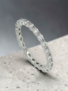 Platinum Plated CZ Eternity Ring | Full Band Stackable Ring | Silver Tone
